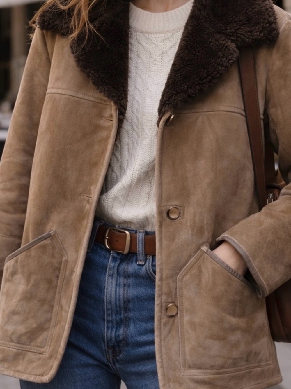 Vintage Tan Suede Shearling Jacket with Dark Brown Sherpa Collar